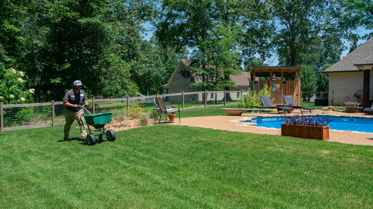 Lawn care technician spreads fertilizer with walk behind spreader near pool
