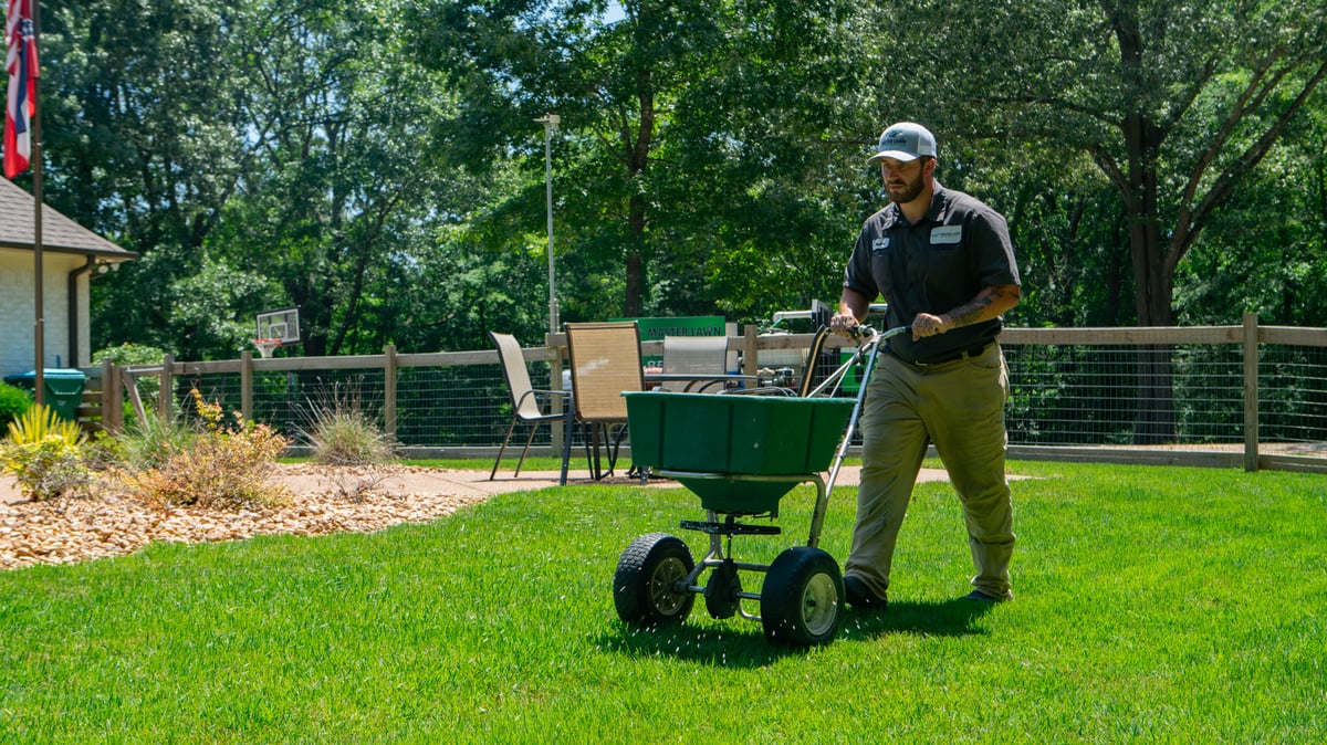lawn care technician spread granular fertilizer