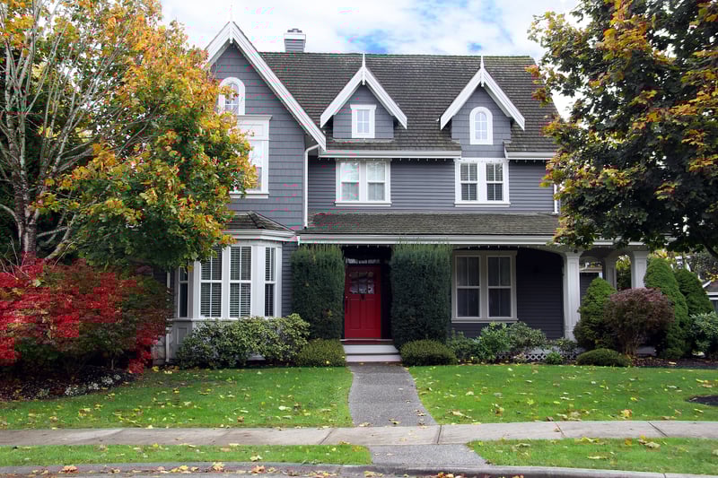 House an landscape with trees fertilized by professsionals