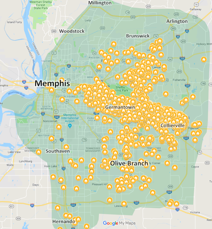 Master Lawn lawn care customer map in Memphis, TN & Olive Branch, MS